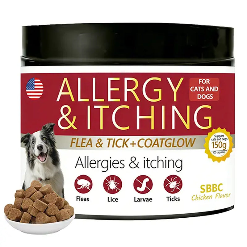 Sbbc Dogs Use Fleas and Ticks+Itch-Relieving Chews, Dogs Use Fleas and Ticks, Dog Skin Allergy Chews, Dog Itch Skin Relief and Skin Repair, Flea Tick Skin Problems Relief, 100 Soft Chews, Chicken Flavor.