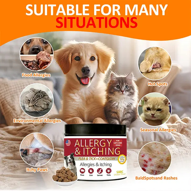 Sbbc Dogs Use Fleas and Ticks+Itch-Relieving Chews, Dogs Use Fleas and Ticks, Dog Skin Allergy Chews, Dog Itch Skin Relief and Skin Repair, Flea Tick Skin Problems Relief, 100 Soft Chews, Chicken Flavor.