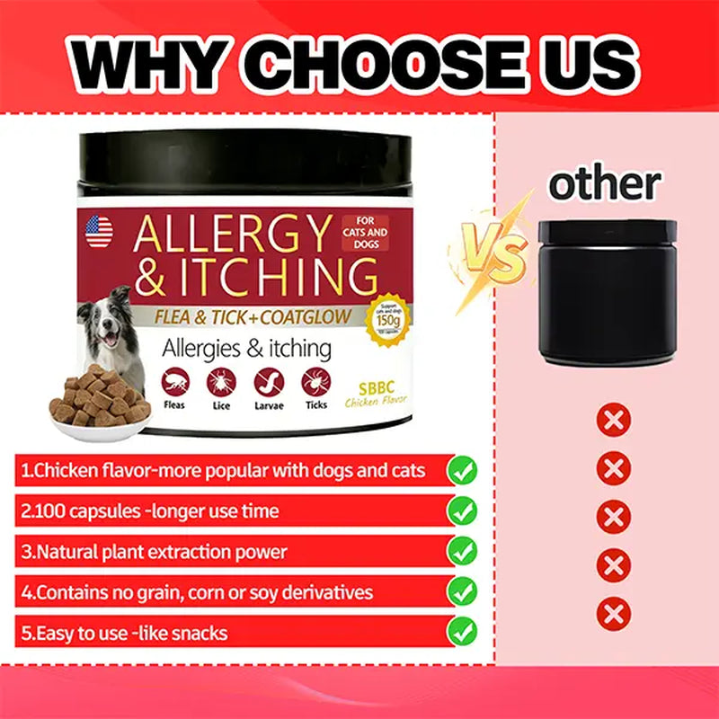 Sbbc Dogs Use Fleas and Ticks+Itch-Relieving Chews, Dogs Use Fleas and Ticks, Dog Skin Allergy Chews, Dog Itch Skin Relief and Skin Repair, Flea Tick Skin Problems Relief, 100 Soft Chews, Chicken Flavor.